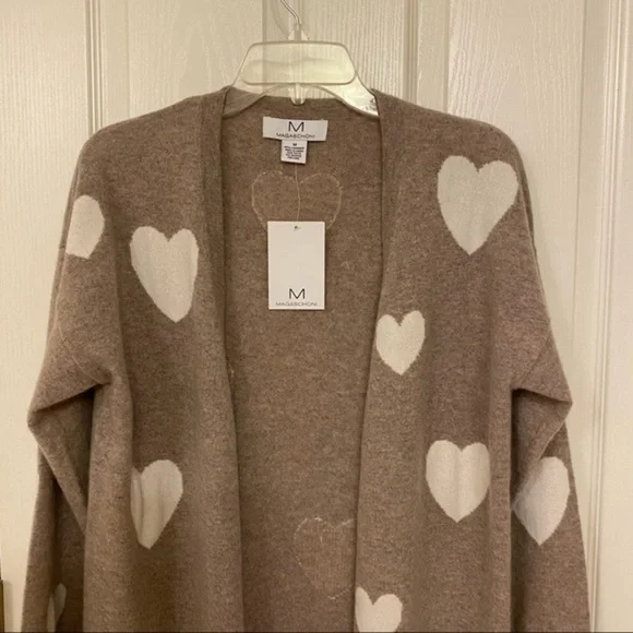 MAGASCHONI Heart Open Front Cashmere Cardigan in Pebble Heather/Frost White Sz M - Picture 4 of 9